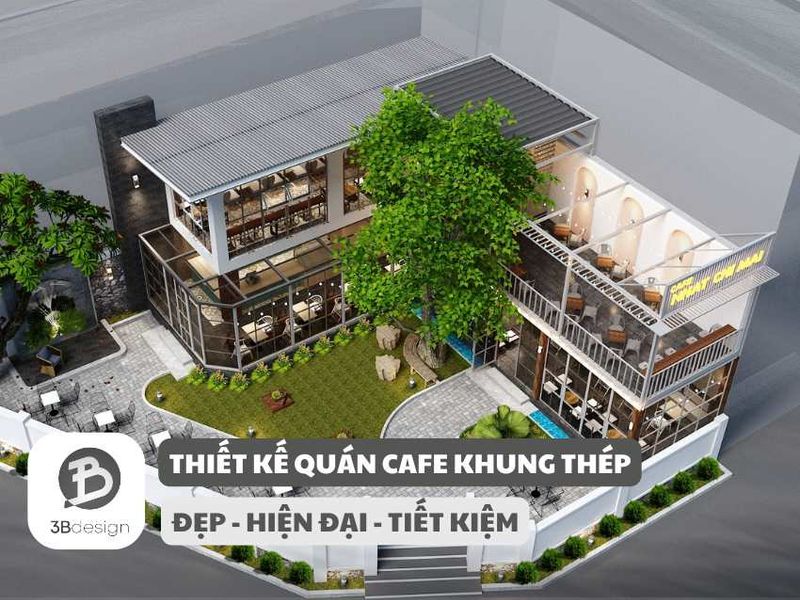 Mẫu thiết kế quán cafe khung thép tiện chế sân vườn 2 tầng đẹp