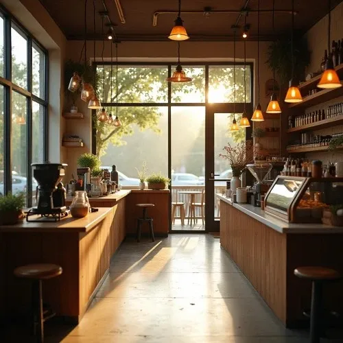 Hình ảnh quán cafe có cửa kính lớn, tận dụng ánh sáng tự nhiên