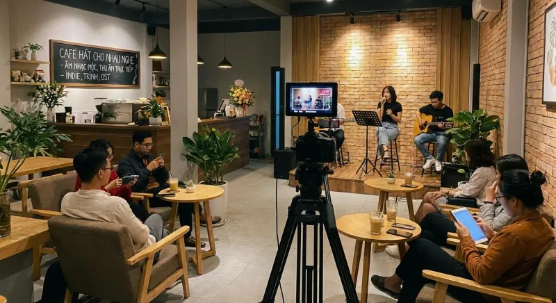 Hình ảnh hệ thống âm thanh chuyên nghiệp tại quán cafe