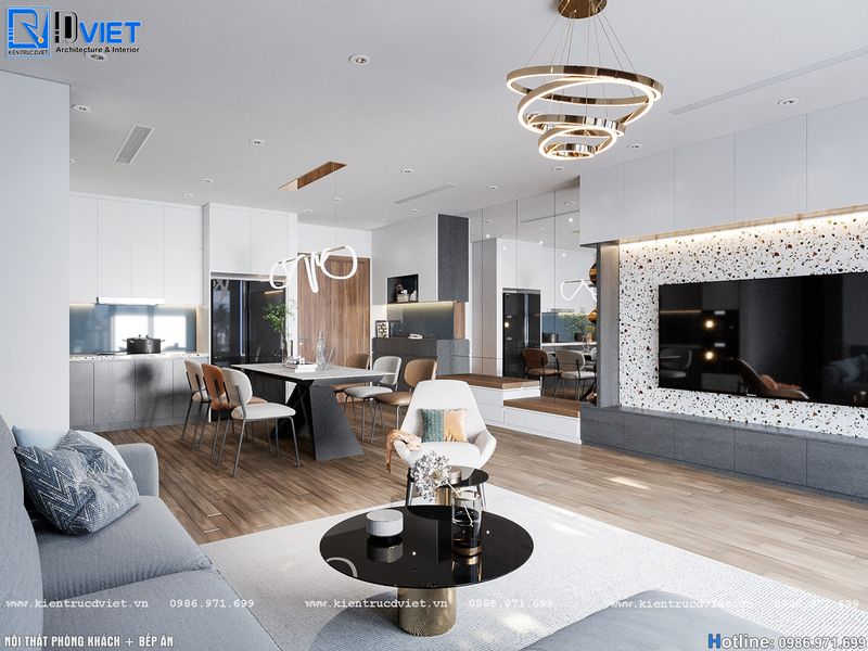 Hình mô phỏng thiết kế nội thất căn hộ 80m² hiện đại tại Hà Nội